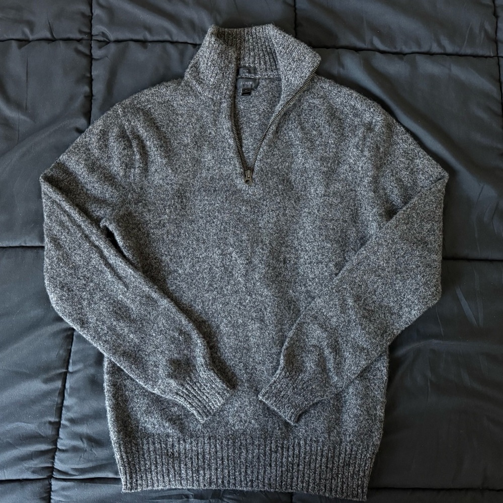 j crew men’s marled black 100% lambs wool slim fit quarter zip pullover sweater